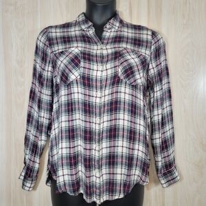 Lucky Brand Tunic Length Plaid Button-Down Shirt Sz Lg